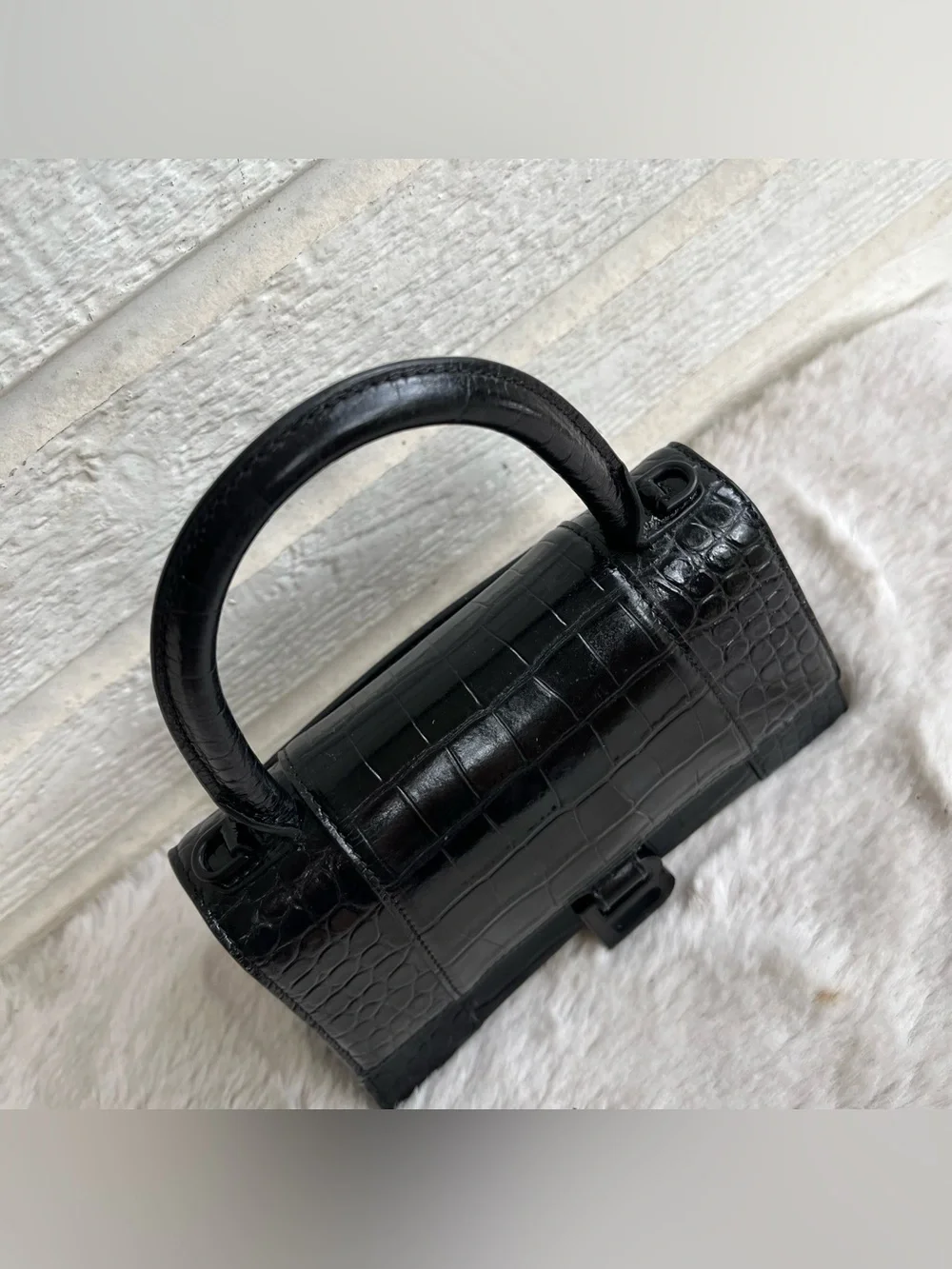 BALENCIAGA Black Croc Hourglass Mini Baguette Crossbody Flap Top Handle Handbag